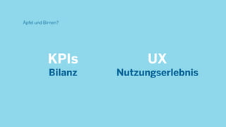 Äpfel und Birnen?
KPIs
Bilanz
UX
Nutzungserlebnis
 