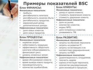 Примеры показателей BSC 
Блок ФИНАНСЫ: 
Финансовые показатели: 
• прибыль; 
• рентабельность капитала; 
• рентабельность каналов сбыта; 
• рентабельность продуктов; 
• маржинальный доход; 
• дополнительные доходы. 
Нефинансовые показатели: 
• доля новых клиентов; 
• доля новых продуктов. 
Блок КЛИЕНТЫ: 
Финансовые показатели: 
• доход от одного клиента; 
• стоимость привлечения клиента; 
• стоимость удержания клиента. 
Нефинансовые показатели: 
• доля на рынке; 
• количество клиентов; 
• индекс NPS; 
• доля потерянных клиентов; 
• узнаваемость ТМ. 
Блок ПРОЦЕССЫ: 
Финансовые показатели: 
• норматив затрат; 
• себестоимость продукции; 
• эффективность оборотного 
капитала (оборачиваемость, 
финансовый цикл) 
• уровень косвенных затрат. 
Нефинансовые показатели: 
• время обслуживания клиента; 
• время вывода нового продукта; 
• производительность; 
• количество ошибок/сбоев. 
Блок РАЗВИТИЕ: 
Финансовые показатели: 
• затраты на обучение персонала; 
• затраты на развития IT; 
• затраты на мотивацию и их 
соответствие среднерыночным; 
• затраты на R&D. 
Нефинансовые показатели: 
• удовлетворенность сотрудников; 
• текучесть кадров; 
• оценка аттестации персонала; 
• количество рацпредложений; 
• доля инноваций в процессах. 
 