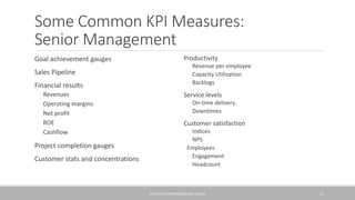 Some Common KPI Measures:
Senior Management
Goal achievement gauges
Sales Pipeline
Financial results
◦ Revenues
◦ Operating margins
◦ Net profit
◦ ROE
◦ Cashflow
Project completion gauges
Customer stats and concentrations
Productivity
◦ Revenue per employee
◦ Capacity Utilization
◦ Backlogs
Service levels
◦ On-time delivery
◦ Downtimes
Customer satisfaction
◦ Indices
◦ NPS
Employees
◦ Engagement
◦ Headcount
KPIS AND DASHBOARDS/GEORGE SLOANE 11
 