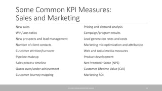 Some Common KPI Measures:
Sales and Marketing
New sales
Win/Loss ratios
New prospects and lead management
Number of client contacts
Customer attrition/turnover
Pipeline makeup
Sales process timeline
Quota over/under achievement
Customer Journey mapping
Pricing and demand analysis
Campaign/program results
Lead generation rates and costs
Marketing mix optimization and attribution
Web and social media measures
Product development
Net Promoter Score (NPS)
Customer Lifetime Value (CLV)
Marketing ROI
KPIS AND DASHBOARDS/GEORGE SLOANE 12
 