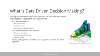 What is Data Driven Decision Making?
Making business decisions based upon actual, factual data analysis
and insights as opposed to pure “gut instinct”
◦ This approach looks at
◦ Measurable results
◦ Identifiable trends
◦ Activity inputs and actual outputs
◦ This isn’t to say there is no room for
◦ Management insights
◦ Human intelligence gathering
◦ Customer insights
◦ Ideally, one approach should be used to question or verify the other
approach
KPIS AND DASHBOARDS/GEORGE SLOANE 5
 