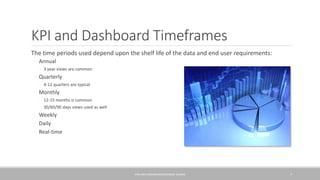 KPI and Dashboard Timeframes
The time periods used depend upon the shelf life of the data and end user requirements:
◦ Annual
◦ 3 year views are common
◦ Quarterly
◦ 4-12 quarters are typical
◦ Monthly
◦ 12-15 months is common
◦ 30/60/90 days views used as well
◦ Weekly
◦ Daily
◦ Real-time
KPIS AND DASHBOARDS/GEORGE SLOANE 7
 
