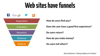Web sites have funnels 
Acquisi9on 
Ac9va9on 
Reten9on 
Revenue 
Referral 
How 
do 
users 
find 
you? 
Does 
the 
user 
have 
a 
good 
first 
experience? 
Do 
users 
return? 
How 
do 
you 
make 
money? 
Do 
users 
tell 
others? 
Dave McClure’s “Startup Metrics for Pirates” 
 