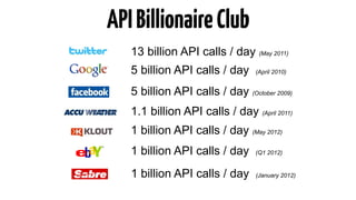 API Billionaire Club 
13 billion API calls / day (May 2011) 
5 billion API calls / day (April 2010) 
5 billion API calls /...