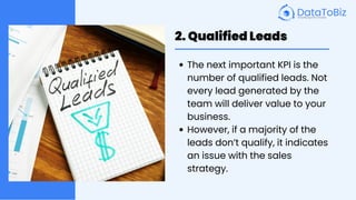 2. Qualified Leads
The next important KPI is the
number of qualified leads. Not
every lead generated by the
team will deliver value to your
business.
However, if a majority of the
leads don’t qualify, it indicates
an issue with the sales
strategy.
 