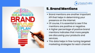 5. Brand Mentions
Brand mentions are another important
KPI that helps in determining your
presence on the internet.
Of course, it is essential to see if the
mentions are positive or negative.
A higher percentage of positive brand
mentions indicates that more people
are discussing your products and
services.
This data helps in fine-tuning targeted
marketing strategies for each channel.
 