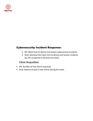 Cybersecurity Incident Response:
 KPI: Mean time to detect and resolve cybersecurity incidents.
 Goal: Decrease the mean time to detect and resolve incidents
by 15% compared to the previous week.
Client Acquisition:
 KPI: Number of new clients acquired.
 Goal: Acquire at least 2 new clients during the week .
 