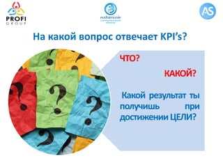 На какой вопрос отвечает KPI’s?
ЧТО?
КАКОЙ?
Какой результат ты
получишь при
достиженииЦЕЛИ?
 