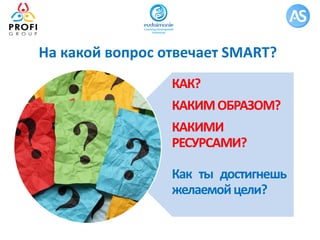 На какой вопрос отвечает SMART?
КАК?
КАКИМОБРАЗОМ?
КАКИМИ
РЕСУРСАМИ?
Как ты достигнешь
желаемойцели?
 