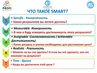 ЧТО ТАКОЕ SMART?
S
• Specific - Конкретность
• Каких результатов вы хотите достичь?
M
• Measurable- Измеримость
• В чем я буду измерять достижимость этого результата?
А
• Assignable -Согласованность ( Achievable-
Достижимость)
• Какие ресурсы и усилия необходимы для достижения цели?
R
• Realistic - Реальность
• Можете ли вы это сделать? И если вы это сделаете, как это
повлияет на результат?
T
• Time - Время
• Когда вы достигните этой цели ?
 