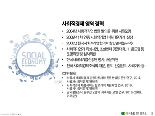 Created by 김재춘(밝은★별) 3
• 2004년사회적기업 법안발의를 위한시민모임
• 2008년1차인증사회적기업아름다운가게 실장
• 2008년한국사회적기업협의회 창립멤버(실무역)
• 사회적기업가 육성사업,소셜벤처경연대회,H-온드림등
운영위원및심사위원
• 한국사회적기업진흥원 평가,자문위원
• 전국사회적경제조직의 자문,멘토,컨설턴트,사외이사등
<연구활동>
• 서울시 사회적경제 경영지원사업 전문컨설팅 운영 연구, 2014,
서울시사회적경제지원센터
• 사회적경제 제품서비스 판로개척 지원사업 연구, 2016,
서울시사회적경제지원센터
• 공익활동조직 솔루션 모델과 지속가능 모델 연구, 2018~2019,
이로운넷
 