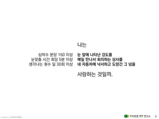 Created by 김재춘(밝은★별) 8
심박수 분당 150 이상
눈맞춤 시간 회당 5분 이상
생각나는 횟수 일 30회 이상
눈 앞에 나타난 강도를
매일 만나서 회의하는 상사를
내 자동차에 낙서하고 도망간 그 넘을
나는
사랑하는 것일까.
 