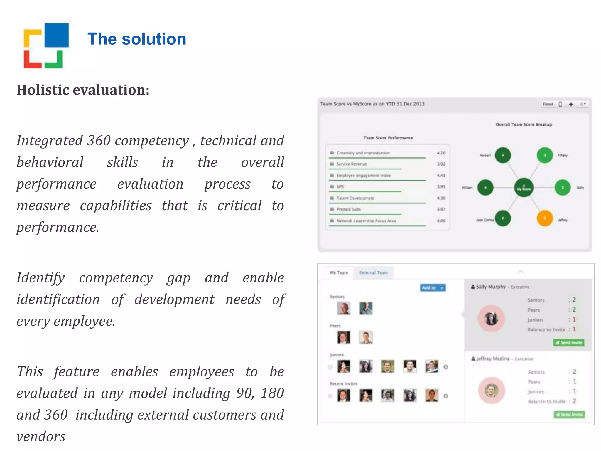 The solution
Holistic evaluation:
Integrated 360 competency , technical and
behavioral skills in the overall
performance evaluation process to
measure capabilities that is critical to
performance.
Identify competency gap and enable
identification of development needs of
every employee.
This feature enables employees to be
evaluated in any model including 90, 180
and 360 including external customers and
vendors
 