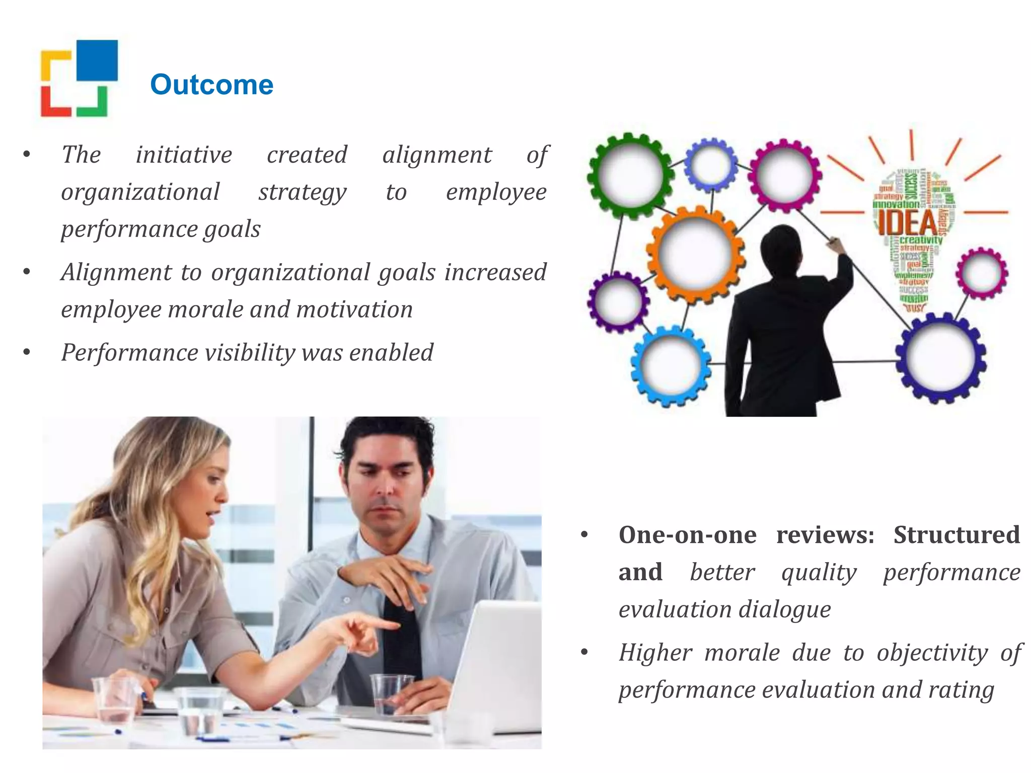 Outcome
• The initiative created alignment of
organizational strategy to employee
performance goals
• Alignment to organizational goals increased
employee morale and motivation
• Performance visibility was enabled
• One-on-one reviews: Structured
and better quality performance
evaluation dialogue
• Higher morale due to objectivity of
performance evaluation and rating
 