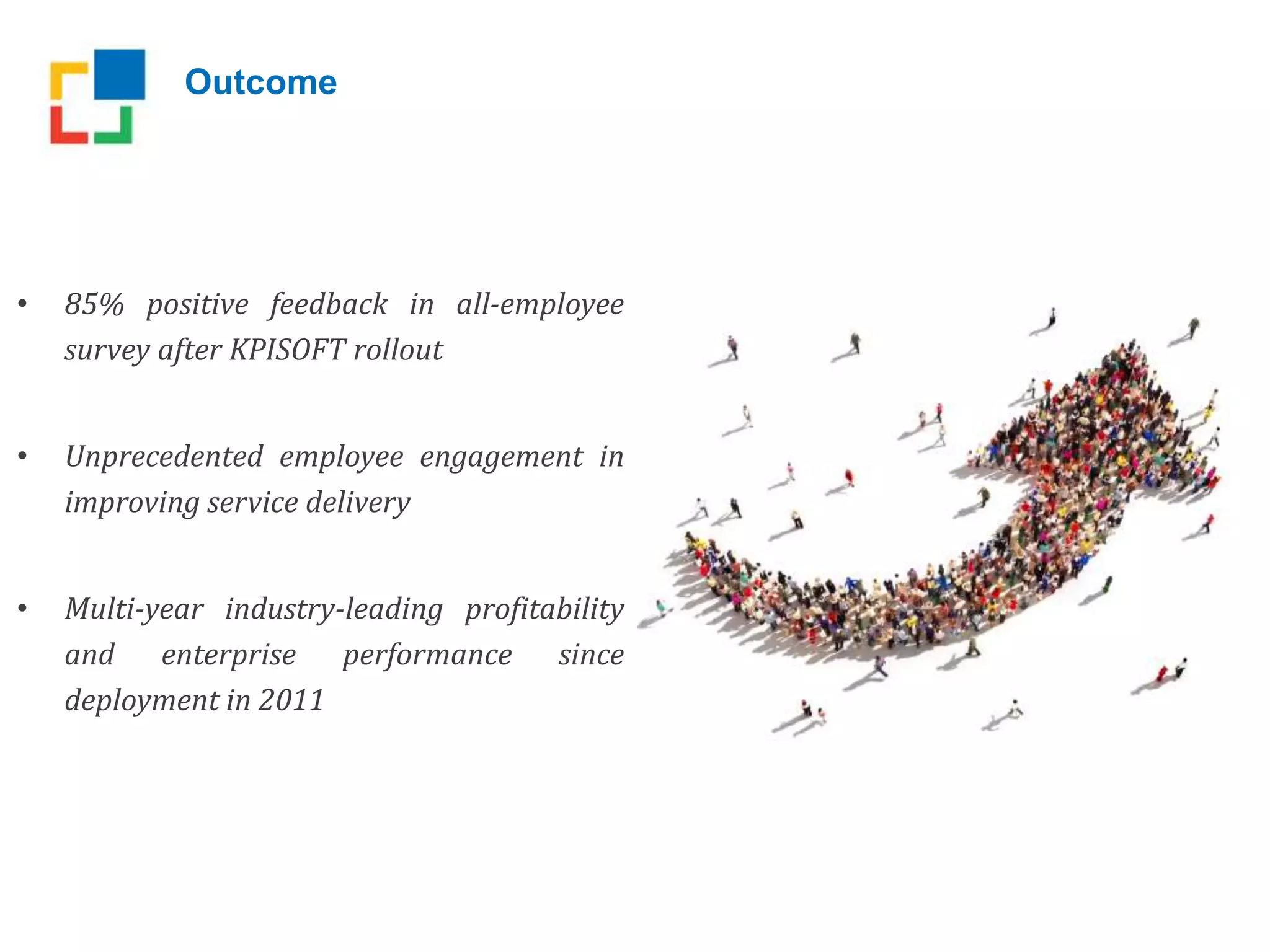 Outcome
• 85% positive feedback in all-employee
survey after KPISOFT rollout
• Unprecedented employee engagement in
improving service delivery
• Multi-year industry-leading profitability
and enterprise performance since
deployment in 2011
 