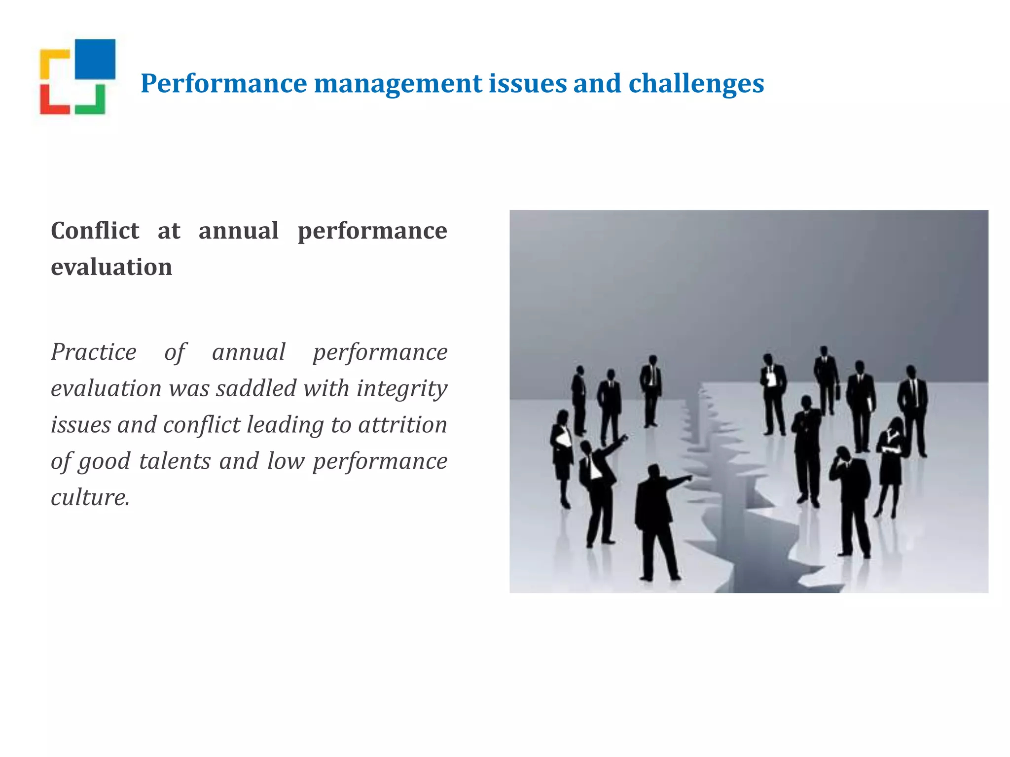 Performance management issues and challenges
Conflict at annual performance
evaluation
Practice of annual performance
evaluation was saddled with integrity
issues and conflict leading to attrition
of good talents and low performance
culture.
 