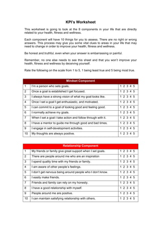 KPI’s Worksheet
This worksheet is going to look at the 8 components in your life that are directly
related to your health, fitness and wellness.

Each component will have 10 things for you to assess. There are no right or wrong
answers. This process may give you some vital clues to areas in your life that may
need to change in order to improve your health, fitness and wellness.

Be honest and truthful, even when your answer is embarrassing or painful.

Remember, no one else needs to see this sheet and that you won’t improve your
health, fitness and wellness by deceiving yourself.

Rate the following on the scale from 1 to 5, 1 being least true and 5 being most true.


                                Mindset Component
1    I’m a person who sets goals.                                         1 2 3 4 5
2    Once a goal is established I get focused.                            1 2 3 4 5
3    I always have a strong vision of what my goal looks like.            1 2 3 4 5
4    Once I set a goal I get enthusiastic, and motivated.                 1 2 3 4 5
5    I can commit to a goal of looking good and feeling good.             1 2 3 4 5
6    I normally achieve my goals.                                         1 2 3 4 5
7    When I set a goal I take action and follow through with it.          1 2 3 4 5
8    I have a mentor to guide me through good and bad times.              1 2 3 4 5
9    I engage in self-development activities.                             1 2 3 4 5
10   My thoughts are always positive.                                     1 2 3 4 5



                              Relationship Component
1    My friends or family give great support when I set goals.            1 2 3 4 5
2    There are people around me who are an inspiration                    1 2 3 4 5
3    I spend quality time with my friends or family.                      1 2 3 4 5
4    I am aware of other people’s feelings.                               1 2 3 4 5
5    I don’t get nervous being around people who I don’t know.            1 2 3 4 5
6    I easily make friends.                                               1 2 3 4 5
7    Friends and family can rely on my honesty.                           1 2 3 4 5
8    I have a good relationship with myself.                              1 2 3 4 5
9    People around me are positive.                                       1 2 3 4 5
10   I can maintain satisfying relationship with others.                  1 2 3 4 5
 