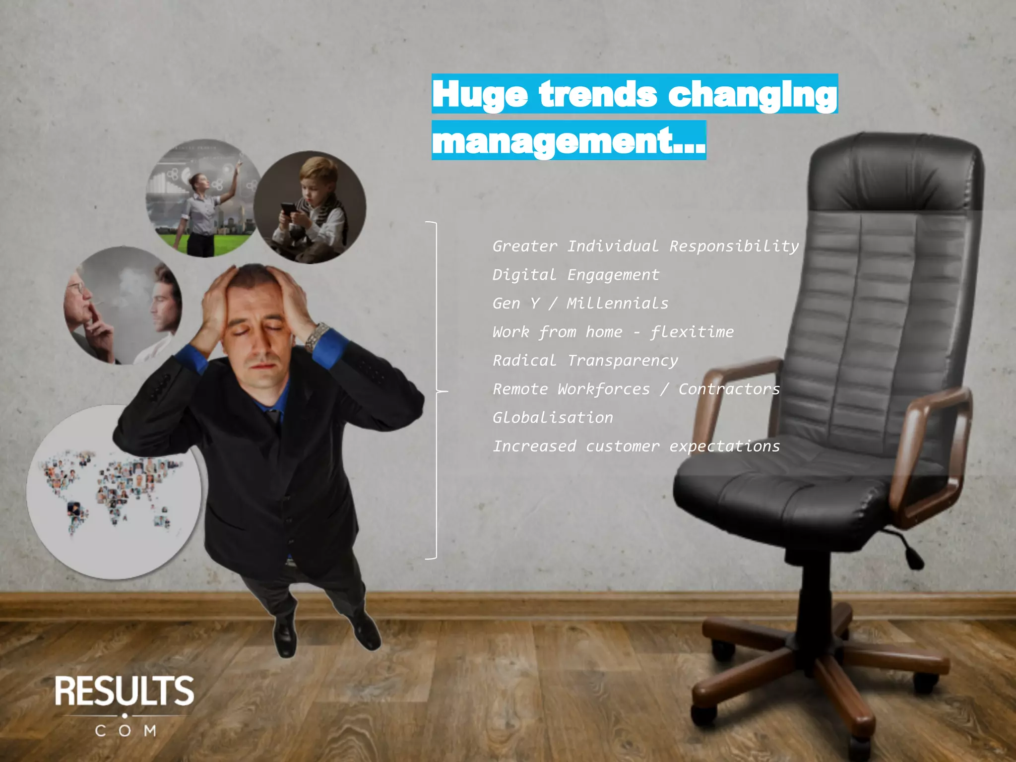 Huge trends changing
management...
Greater Individual Responsibility
Digital Engagement
Gen Y / Millennials
Work from home - flexitime
Radical Transparency
Remote Workforces / Contractors
Globalisation
Increased customer expectations
 