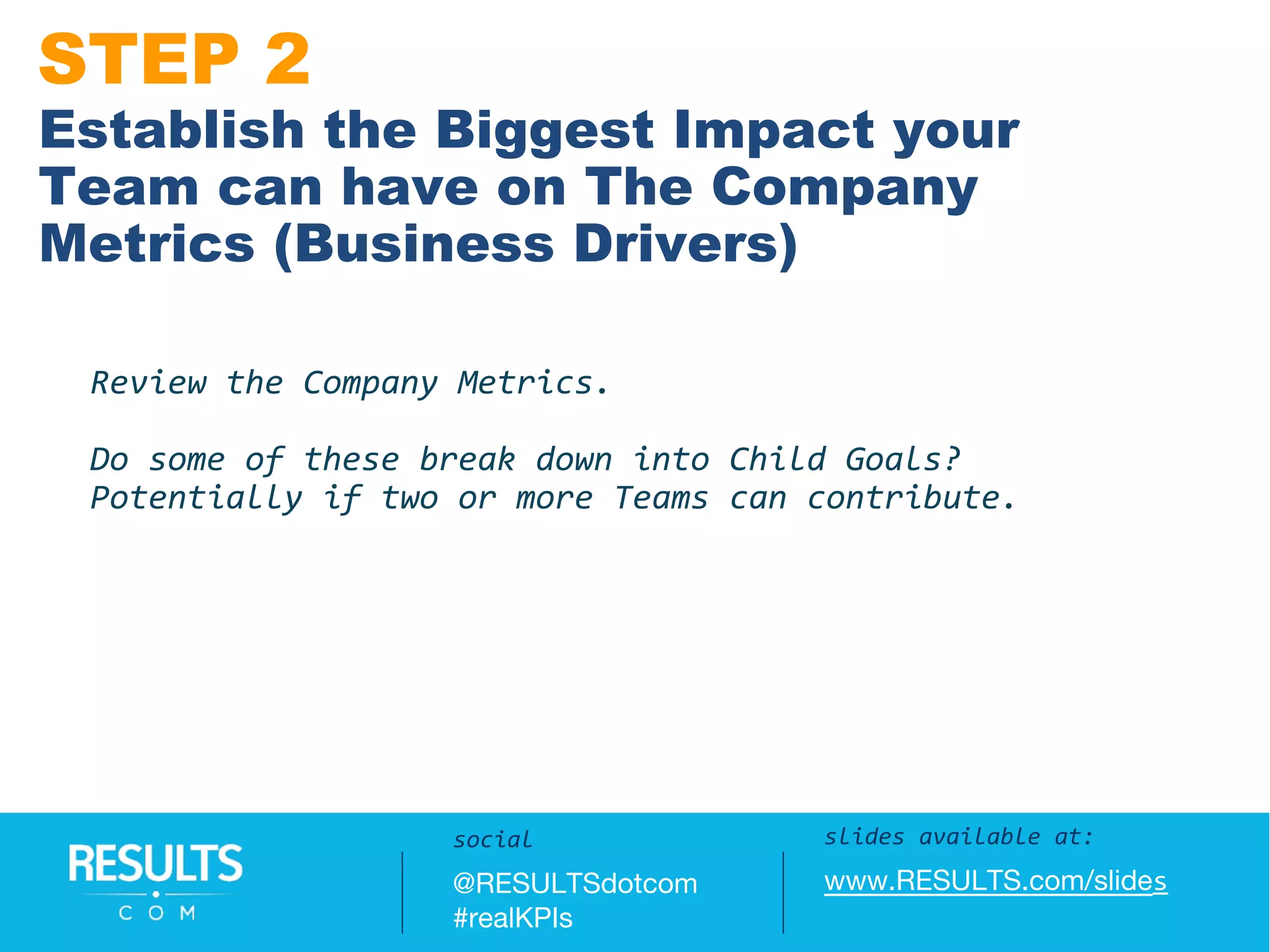 Slides available at:
www.RESULTS.com/slides
Review the Company Metrics.
Do some of these break down into Child Goals?
Potentially if two or more Teams can contribute.
slides available at:
www.RESULTS.com/slides
social
@RESULTSdotcom
#realKPIs
STEP 2
Establish the Biggest Impact your
Team can have on The Company
Metrics (Business Drivers)
 