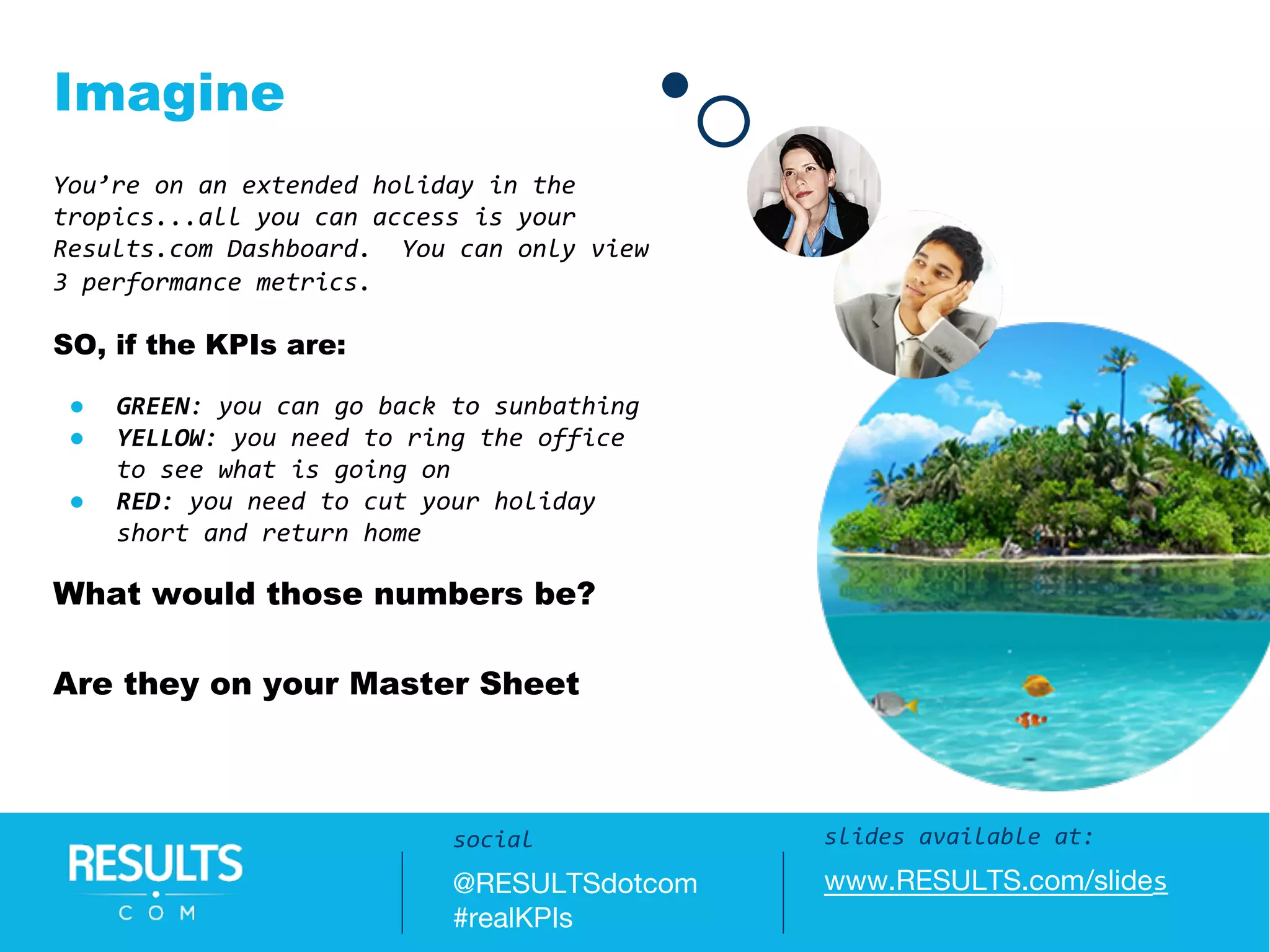 Imagine
You’re on an extended holiday in the
tropics...all you can access is your
Results.com Dashboard. You can only view
3 performance metrics.
SO, if the KPIs are:
● GREEN: you can go back to sunbathing
● YELLOW: you need to ring the office
to see what is going on
● RED: you need to cut your holiday
short and return home
What would those numbers be?
Are they on your Master Sheet
slides available at:
www.RESULTS.com/slides
social
@RESULTSdotcom
#realKPIs
 