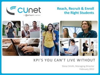Reach, Recruit & Enroll
              the Right Students




KPI’S YOU CAN’T LIVE WITHOUT
             Steve Smith, Managing Director
                             February 2012
 