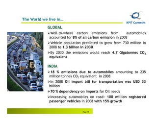 The World we live in…

            GLOBAL
              Well-to-wheel carbon emissions from           automobiles
             accounted for 8% of all carbon emission in 2008
              Vehicle population predicted to grow from 730 million in
             2008 to 1.3 billion in 2030
              By 2030 the emissions would reach 4.7 Gigatonnes CO2
             equivalent

            INDIA
             18 % emissions due to automobiles amounting to 235
             million tonnes CO2 equivalent in 2008
              In 2008 Oil import bill for transportation was USD 33
             billion
              70 % dependency on imports for Oil needs
              Increasing automobiles on road: 100 million registered
             passenger vehicles in 2008 with 15% growth

                                 Page 19
 