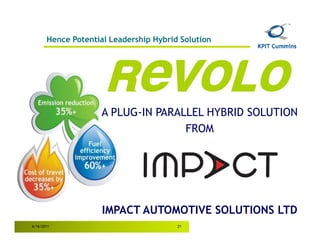 Hence Potential Leadership Hybrid Solution




                     A PLUG-IN PARALLEL HYBRID SOLUTION
                                    FROM




                     IMPACT AUTOMOTIVE SOLUTIONS LTD
6/16/2011                               21
 