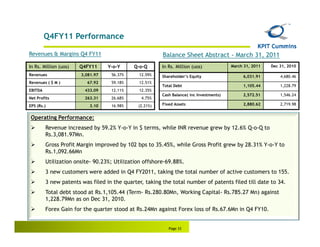 Q4FY11 Performance

Revenues & Margins Q4 FY11                              Balance Sheet Abstract - March 31, 2011
In Rs. Million (uos)   Q4FY11     Y-o-Y     Q-o-Q       In Rs. Million (uos)             March 31, 2011   Dec 31, 2010

Revenues               3,081.97    56.37%     12.59%    Shareholder’s Equity                  6,031.91        4,680.46
Revenues ( $ M )         67.92     59.18%     12.51%
                                                        Total Debt                            1,105.44        1,228.79
EBITDA                  433.09     12.11%     12.35%
                                                        Cash Balance( inc Investments)        2,572.51        1,546.24
Net Profits             263.31     26.68%      4.75%
EPS (Rs.)                  3.10    16.98%     (2.21%)   Fixed Assets                          2,880.62        2,719.98


Operating Performance:
         Revenue increased by 59.2% Y-o-Y in $ terms, while INR revenue grew by 12.6% Q-o-Q to
         Rs.3,081.97Mn.
         Gross Profit Margin improved by 102 bps to 35.45%, while Gross Profit grew by 28.31% Y-o-Y to
         Rs.1,092.66Mn
         Utilization onsite- 90.23%; Utilization offshore-69.88%.
         3 new customers were added in Q4 FY2011, taking the total number of active customers to 155.
         3 new patents was filed in the quarter, taking the total number of patents filed till date to 34.
         Total debt stood at Rs.1,105.44 (Term- Rs.280.80Mn, Working Capital- Rs.785.27 Mn) against
         1,228.79Mn as on Dec 31, 2010.
         Forex Gain for the quarter stood at Rs.24Mn against Forex loss of Rs.67.6Mn in Q4 FY10.


                                                           Page 33
 