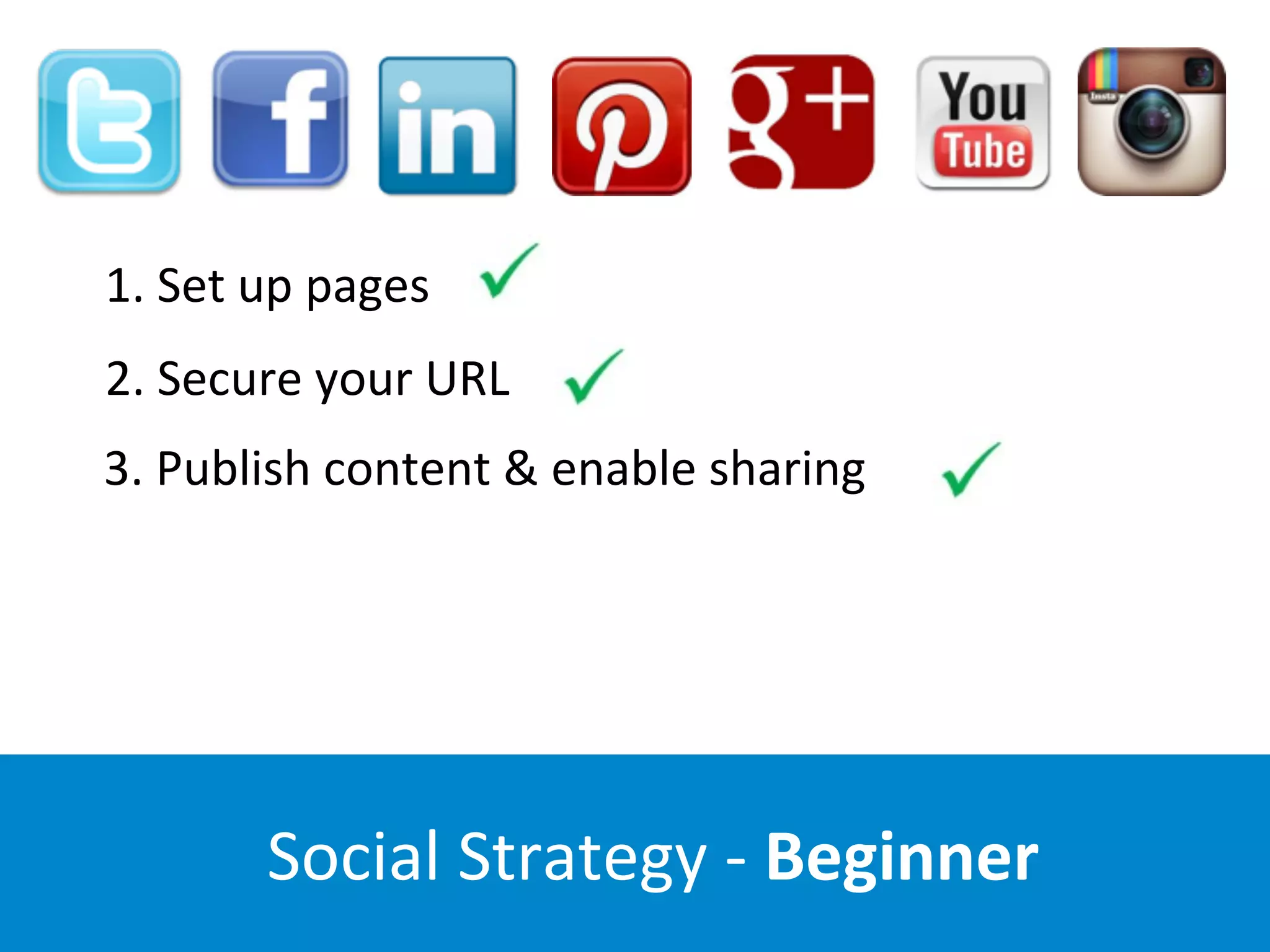Social	
  Strategy	
  -­‐	
  Beginner
1.	
  Set	
  up	
  pages	
  	
  	
  
2.	
  Secure	
  your	
  URL	
  	
  	
  
3.	
  Publish	
  content	
  &	
  enable	
  sharing
 