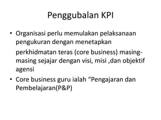 Penggubalan KPIOrganisasiperlumemulakanpelaksanaanpengukurandenganmenetapkanperkhidmatanteras (core business) masing-masingsejajardenganvisi, misi ,danobjektifagensiCore business guru ialah “PengajarandanPembelajaran(P&P)