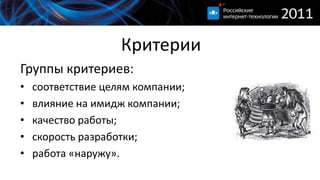 КритерииГруппы критериев:соответствие целям компании;влияние на имидж компании;качество работы;скорость разработки;работа «наружу».