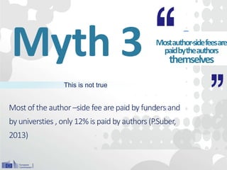 Most of the author –side fee are paid by funders and
by universties , only 12% is paid by authors (P.Suber,
2013)
Myth 3 Mostauthor-sidefeesare
paidbytheauthors
themselves
This is not true
 
