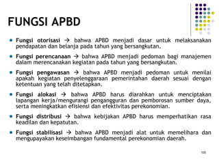 105
Fungsi otorisasi  bahwa APBD menjadi dasar untuk melaksanakan
pendapatan dan belanja pada tahun yang bersangkutan.
Fungsi perencanaan  bahwa APBD menjadi pedoman bagi manajemen
dalam merencanakan kegiatan pada tahun yang bersangkutan.
Fungsi pengawasan  bahwa APBD menjadi pedoman untuk menilai
apakah kegiatan penyelenggaraan pemerintahan daerah sesuai dengan
ketentuan yang telah ditetapkan.
Fungsi alokasi  bahwa APBD harus diarahkan untuk menciptakan
lapangan kerja/mengurangi pengangguran dan pemborosan sumber daya,
serta meningkatkan efisiensi dan efektivitas perekonomian.
Fungsi distribusi  bahwa kebijakan APBD harus memperhatikan rasa
keadilan dan kepatutan.
Fungsi stabilisasi  bahwa APBD menjadi alat untuk memelihara dan
mengupayakan keseimbangan fundamental perekonomian daerah.
FUNGSI APBD
 