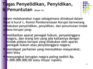 33
 melibatkan aparat penegak hukum, penyelenggara
negara, dan orang lain yang ada kaitannya dengan
tindak pidana korupsi yang dilakukan oleh aparat
penegak hukum atau penyelenggara negara;
 mendapat perhatian yang meresahkan masyarakat;
dan/atau
 menyangkut kerugian negara paling sedikit Rp.
1.000.000.000,00 (satu milyar rupiah).
Tugas Penyelidikan, Penyidikan,
& Penuntutan (Pasal 11)
Dalam melaksanakan tugas sebagaimana dimaksud dalam
Pasal 6 huruf c, Komisi Pemberantasan Korupsi berwenang
melakukan penyelidikan, penyidikan, dan penuntutan tindak
pidana korupsi yang:
 