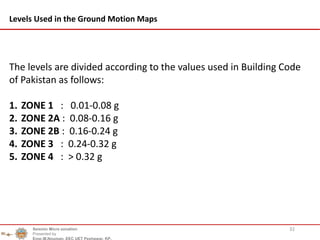 32
Levels Used in the Ground Motion Maps
The levels are divided according to the values used in Building Code
of Pakistan as follows:
1. ZONE 1 : 0.01-0.08 g
2. ZONE 2A : 0.08-0.16 g
3. ZONE 2B : 0.16-0.24 g
4. ZONE 3 : 0.24-0.32 g
5. ZONE 4 : > 0.32 g
Seismic Micro zonation
Presented by
Engr.M.Nouman, EEC UET Peshawar, KP.
 
