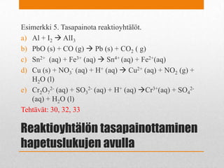 Reaktioyhtälön tasapainottaminen
hapetuslukujen avulla
Esimerkki 5. Tasapainota reaktioyhtälöt.
a) Al + I2  AlI3
b) PbO (s) + CO (g)  Pb (s) + CO2 ( g)
c) Sn2+ (aq) + Fe3+ (aq)  Sn4+ (aq) + Fe2+(aq)
d) Cu (s) + NO3
- (aq) + H+ (aq)  Cu2+ (aq) + NO2 (g) +
H2O (l)
e) Cr2O7
2- (aq) + SO3
2- (aq) + H+ (aq) Cr3+(aq) + SO4
2-
(aq) + H2O (l)
Tehtävät: 30, 32, 33
 