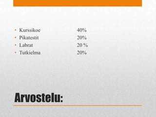 Arvostelu:
• Kurssikoe 40%
• Pikatestit 20%
• Labrat 20 %
• Tutkielma 20%
 
