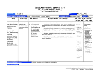 ESCUELA SECUNDARIA GENERAL No. 80
                                                     PLANEACIÓN PROGRAMÁTICA
                                                              CICLO ESCOLAR 2008-2009

SEMANA:        37 25-29                                                                                                      MES:              MAYO-JUNIO
MAESTRA RESPONSABLE:               Prof. Zimri Francisco Tavizon Alanis                                ASIGNATURA: MATEMÁTICAS                                  GDO:       1º
     TEMA             SUBTEMA           PROPÓSITO                           ACTIVIDADES SUGERIDAS                                         MÉTODOS RASGOS A
                                                                                                                                          TÉCNICAS EVALUAR

                                                              ! Introducción a los conceptos básicos de los temas a tratar por medio                             Ejercicios en
Eje: Relaciones      Solución de      " Que los alumnos       de la ejemplificación de un procedimiento para obtener sus definiciones y
                                                                                                                                             Preguntas
                     situaciones de                                                                                                                              clase.
de Proporcio-                           comparen el           utilidad.
                     proporcionalidad   comportamiento de
nalidad              inversa.                                 ! De manera individual resolverán dos problemas sobre el primer viaje
                                                                                                                                             Introducción de     Laboratorios
                                        las variables que                                                                                 ejemplos para
                                                              realizado cruzando el Atlántico y otro sobre el avión más velos Boeing 747- definir conceptos
Lección 37                              son directamente      400.                                                                        básicos y         • Interpretación de la
                                                                                                                                                              información.
                                        proporcionales con                                                                                formular
5.5. Identificar y                      las que son           ! Aplicando : problema de ubicación en un plano de acuerdo a los datos
                                                                                                                                             procedimientos      • Deducción
                                                                                                                                                                 • Realización de
                                                                                                                                             para resolver
resolver                                inversamente          dados en las tablas A-F.                                                       operaciones y         estimaciones.
                                                                                                                                                                 • Utilización de las
situaciones de                          proporcionales.
                                                              !   Se socializarán los resultados obtenidos de lo visto en las clases a
                                                                                                                                             problemas
                                                                                                                                             razonados.            operaciones en
proporcionalida                                                manera de reflexión.
                                                                                                                                                                   forma eficiente.
                                                                                                                                                                 • Búsqueda de otras
d inversa                                                                                                                                                          formas de
                                                                                                                                                                   resolución de un
mediante                                                                                                                                     Trabajo
                                                                                                                                             individual ,          problema.
diversos                                                                                                                                     colectivo y en
                                                                                                                                             equipo.
                                                                                                                                                                 • Comunicación de
                                                                                                                                                                   ideas.
procedimientos.                                                                                                                                                  • Argumenta sus
                                                                                                                                                                   razonamientos.
                                                                                                                                             Revisión y          • Asume la
                                                                                                                                             Evaluación de         responsabilidad del
                                                                                                                                             los ejercicios        trabajo
                                                                                                                                             individual y por      colaborativo.
                                                                                                                                             equipo              • Resuelve
                                                                                                                                                                   problemas de
                                                                                                                                                                   manera autónoma.

                                                                                                                                             Reflexión
                                                                                                                                             Colaboración
                                                                                                                                             Respeto




RECURSOS DIDÁCTICOS                         Libro de texto p.216-219, cuaderno, gis, pizarrón.

OBSERVACIONES:

                                                                                                                     ___________________________________________
                                                                                                                              PROF. Zimri Francisco Tavizon Alanis
 