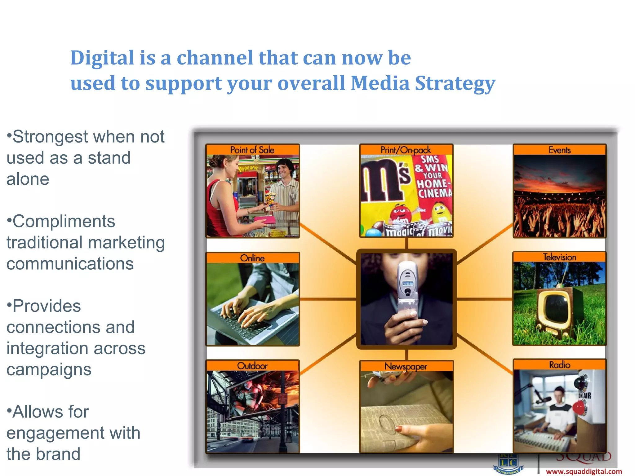 Digital is a channel that can now be
        used to support your overall Media Strategy

•Strongest when not
used as a stand
alone

•Compliments
traditional marketing
communications

•Provides
connections and
integration across
campaigns

•Allows for
engagement with
the brand                                             |   www.squaddigital.com
 