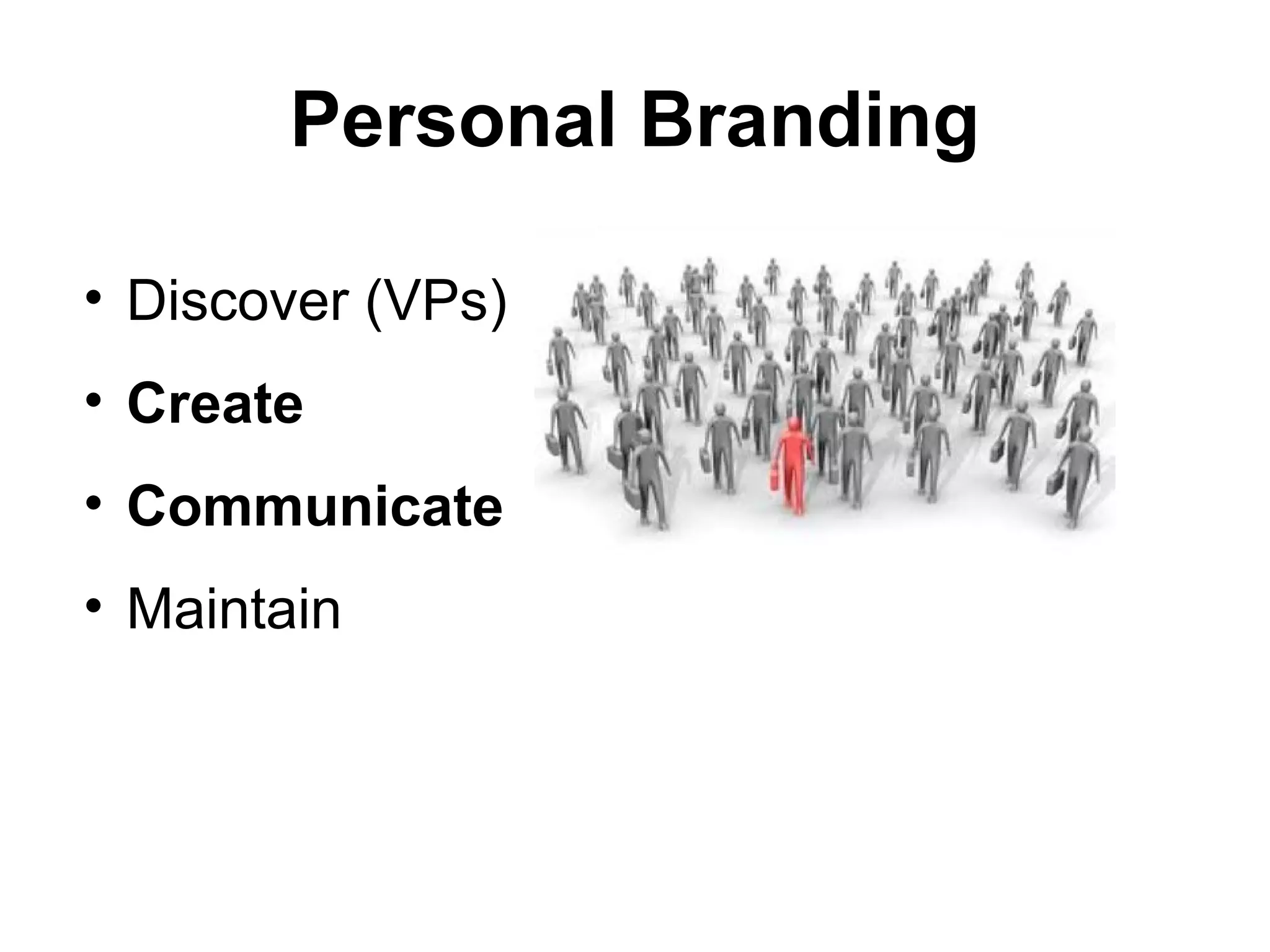 Personal Branding
• Discover (VPs)
• Create
• Communicate
• Maintain
 