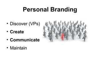 Personal Branding
• Discover (VPs)
• Create
• Communicate
• Maintain
 