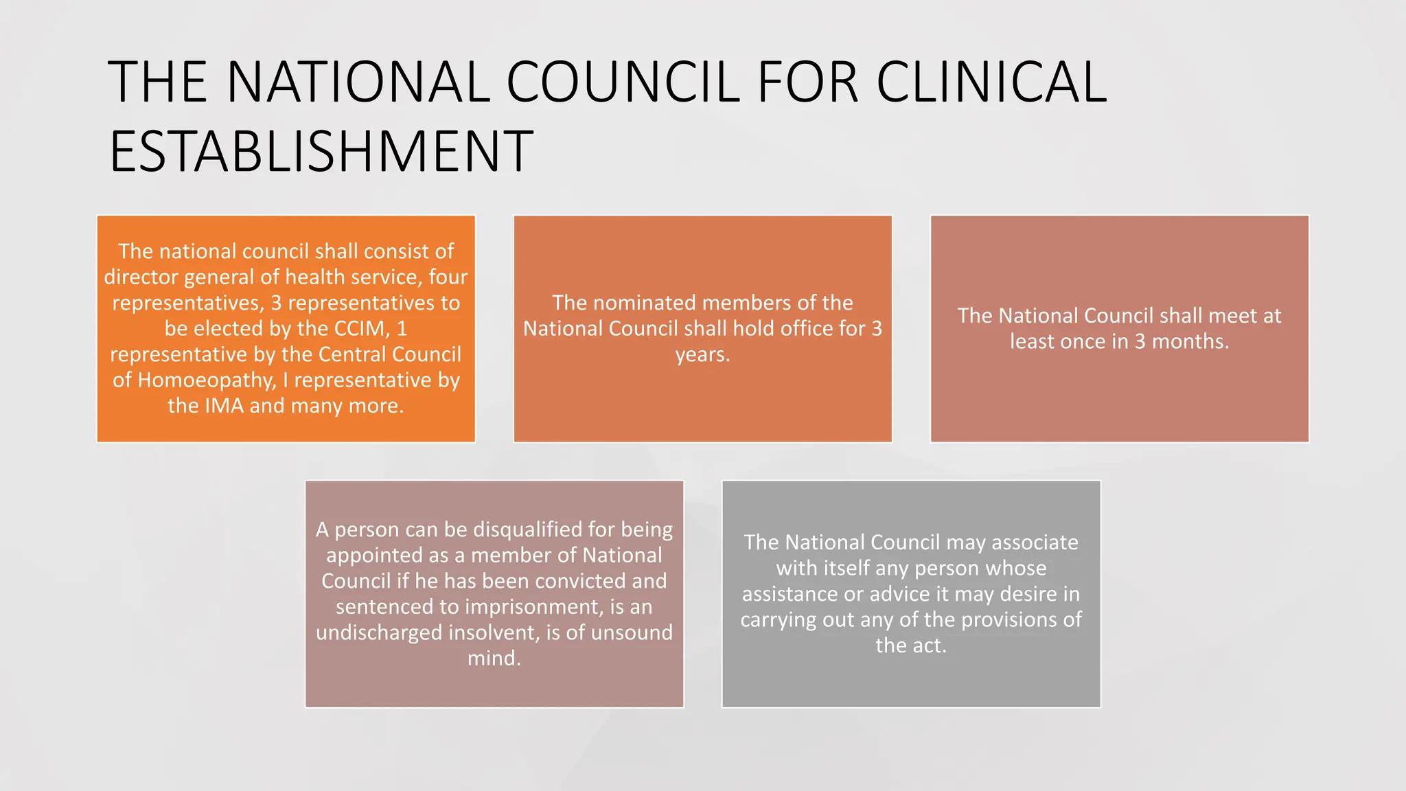 THE NATIONAL COUNCIL FOR CLINICAL
ESTABLISHMENT
The national council shall consist of
director general of health service, four
representatives, 3 representatives to
be elected by the CCIM, 1
representative by the Central Council
of Homoeopathy, I representative by
the IMA and many more.
The nominated members of the
National Council shall hold office for 3
years.
The National Council shall meet at
least once in 3 months.
A person can be disqualified for being
appointed as a member of National
Council if he has been convicted and
sentenced to imprisonment, is an
undischarged insolvent, is of unsound
mind.
The National Council may associate
with itself any person whose
assistance or advice it may desire in
carrying out any of the provisions of
the act.
 