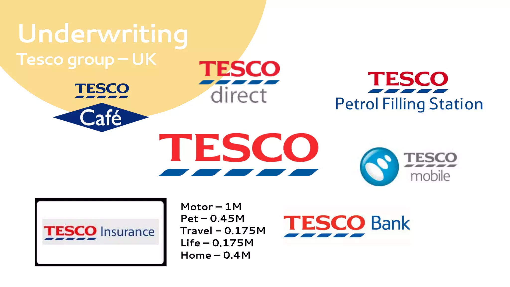 Underwriting
Tescogroup–UK
Motor – 1M
Pet – 0.45M
Travel - 0.175M
Life – 0.175M
Home – 0.4M	
  
 