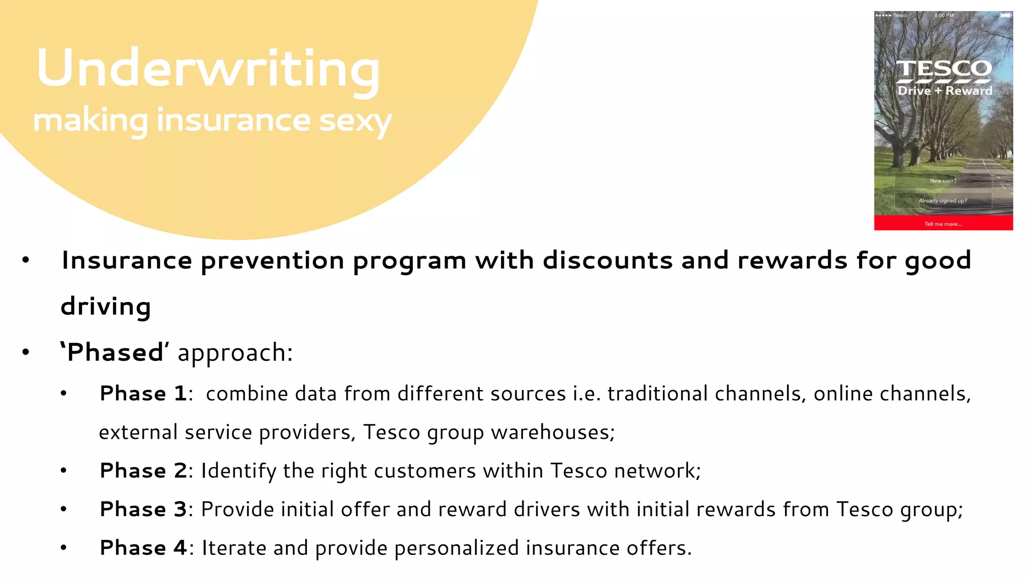 •  Insurance prevention program with discounts and rewards for good
driving
•  ‘Phased’ approach:
•  Phase 1: combine data from different sources i.e. traditional channels, online channels,
external service providers, Tesco group warehouses;
•  Phase 2: Identify the right customers within Tesco network;
•  Phase 3: Provide initial offer and reward drivers with initial rewards from Tesco group;
•  Phase 4: Iterate and provide personalized insurance offers.
Underwriting
makinginsurancesexy
 