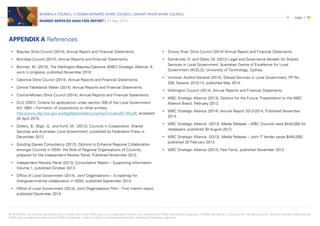 © 2015 KPMG, an Australian partnership and a member firm of the KPMG network of independent member firms affiliated with KPMG International Cooperative (“KPMG International”), a Swiss entity. All rights reserved. Printed in Australia. KPMG and the
KPMG logo are registered trademarks of KPMG International. Liability limited by a scheme approved under Professional Standards Legislation.
BOMBALA COUNCIL | COOMA-MONARO SHIRE COUNCIL | SNOWY RIVER SHIRE COUNCIL
SHARED SERVICES ANALYSIS REPORT | 27 May 2015
page | 50
• Blayney Shire Council (2014), Annual Report and Financial Statements.
• Bombala Council (2014), Annual Reports and Financial Statements.
• Borman, M. (2010), The Wellington-Blayney-Cabonne (WBC) Strategic Alliance: A
work in progress, published November 2010.
• Cabonne Shire Council (2014), Annual Reports and Financial Statements.
• Central Tablelands Water (2014), Annual Reports and Financial Statements.
• Cooma-Monaro Shire Council (2014), Annual Reports and Financial Statements.
• DLG (2007), Criteria for applications under section 358 of the Local Government
Act 1993 – Formation of corporations or other entities,
http://www.dlg.nsw.gov.au/dlg/dlghome/documents/Circulars/07-49.pdf, accessed
20 April 2015.
• Dollery, B., Bligh, G., and Kortt, M.. (2012), Councils in Cooperation: Shared
Services and Australian Local Government, published by Federation Press in
December 2012.
• Gooding Davies Consultancy (2012), Options to Enhance Regional Collaboration
amongst Councils in NSW: the Role of Regional Organisations of Councils,
prepared for the Independent Review Panel, Published November 2012.
• Independent Review Panel (2013), Consultation Report – Supporting Information
Volume 1, published October 2013.
• Office of Local Government (2014), Joint Organisations – A roadmap for
intergovernmental collaboration in NSW, published September 2014.
• Office of Local Government (2014), Joint Organisations Pilot – First Interim report,
published December 2014.
• Snowy River Shire Council (2014) Annual Report and Financial Statements.
• Somerville, D. and Gibbs, M. (2012) Legal and Governance Models for Shared
Services in Local Government, Australian Centre of Excellence for Local
Government (ACELG), University of Technology, Sydney.
• Victorian Auditor-General (2014), Shared Services in Local Government, PP No.
326, Session 2010-14, published May 2014.
• Wellington Council (2014), Annual Reports and Financial Statements.
• WBC Strategic Alliance (2013), Options for the Future, Presentation to the WBC
Alliance Board, February 2013.
• WBC Strategic Alliance (2014), Annual Report 2013-2014, Published November
2014.
• WBC Strategic Alliance (2013), Media Release – WBC Councils save $440,000 for
ratepayers, published 30 August 2013.
• WBC Strategic Alliance (2013), Media Release – Joint IT tender saves $440,000,
published 20 February 2013.
• WBC Strategic Alliance (2012), Fast Facts, published November 2012.
APPENDIX A References
 