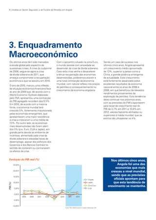 6 | Análise ao Sector Segurador e de Fundos de Pensões em Angola

3. Enquadramento
Macroeconómico
Os últimos anos têm sido marcados
à escala global pelo espectro de
sucessivas crises. À crise do subprime
de 2008, segue-se agora a crise
da dívida soberana de 2011, que
ameaça comprometer a recuperação
económica a que se assistiu em 2010.
O ano de 2010, marcou uma inflexão
da situação económico-financeira face
ao ano de 2009 que, de acordo com o
World Economic Outlook elaborado
pelo FMI, apresentou uma contracção
do PIB agregado na ordem dos 0,5%.
Em 2010, de acordo com a mesma
fonte, a economia mundial terá
crescido 5%, fortemente impulsionada
pelas economias emergentes, que
apresentaram uma maior resistência
à crise e cresceram a uma média de
7
,3%. Por outro lado, as economias
mais desenvolvidas não foram além
dos 3% (p.e. Euro, EUA e Japão), em
grande parte devido ao ambiente de
incerteza, alimentado pela crise da
dívida soberana e elevadas taxas de
desemprego, apesar dos esforços dos
Governos e dos Bancos Centrais no
sentido de conterem ou contrariarem
os efeitos da crise.

Evolução do PIB real (%)

KPMGsegurosSURVEY.indd 6

Com o epicentro situado na zona Euro,
o mundo assiste com ansiedade ao
desenrolar da crise da dívida soberana.
Caso esta crise venha a desacelerar
a ténue recuperação das economias
desenvolvidas, poderemos assistir a
uma nova contracção da economia
mundial, com natural reflexo nos preços
do petróleo e consequentemente no
crescimento da economia angolana.

Sendo um caso de sucesso nos
últimos cinco anos, Angola apresenta
um crescimento médio aproximado
de 13%, superior a países como a
China, a grande potência emergente
da actualidade. Este crescimento
está fortemente alavancado pelos
excelentes resultados da economia
nacional entre os anos de 2006 e
2008, em que beneficiou de elevados
rendimentos provenientes da
exploração de petróleo. Esta tendência
deve continuar nos próximos anos,
com as previsões do FMI a apontarem
para taxas de crescimento real do
PIB de 3,7% em 2011 e 10,8% em
2012, valores bastante alinhados ou
superiores à média mundial, que se
estima não ultrapassar os 4%.

Nos últimos cinco anos,
Angola foi uma das
economias que mais
cresceu a nível mundial,
sendo que as previsões
oficiais apontam para
que esta tendência de
crescimento se mantenha.

12/04/05 12:05

 