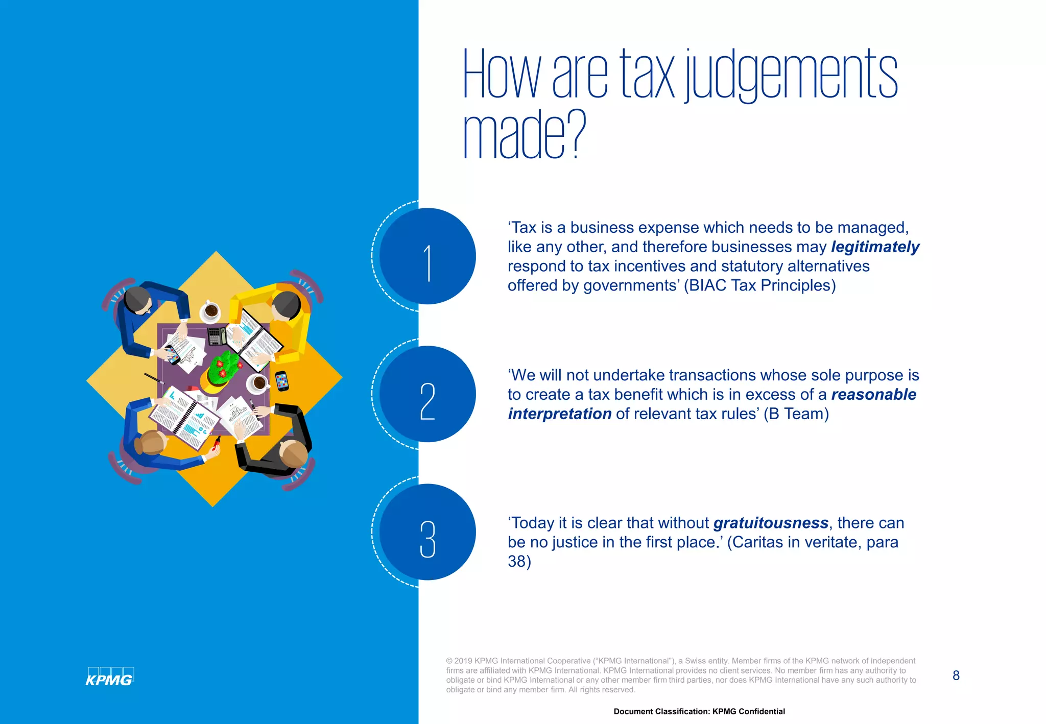 8
Document Classification: KPMG Confidential
© 2019 KPMG International Cooperative (“KPMG International”), a Swiss entity. Member firms of the KPMG network of independent
firms are affiliated with KPMG International. KPMG International provides no client services. No member firm has any authority to
obligate or bind KPMG International or any other member firm third parties, nor does KPMG International have any such authority to
obligate or bind any member firm. All rights reserved.
Howaretaxjudgements
made?
‘Tax is a business expense which needs to be managed,
like any other, and therefore businesses may legitimately
respond to tax incentives and statutory alternatives
offered by governments’ (BIAC Tax Principles)
‘We will not undertake transactions whose sole purpose is
to create a tax benefit which is in excess of a reasonable
interpretation of relevant tax rules’ (B Team)
‘Today it is clear that without gratuitousness, there can
be no justice in the first place.’ (Caritas in veritate, para
38)
1
2
3
 