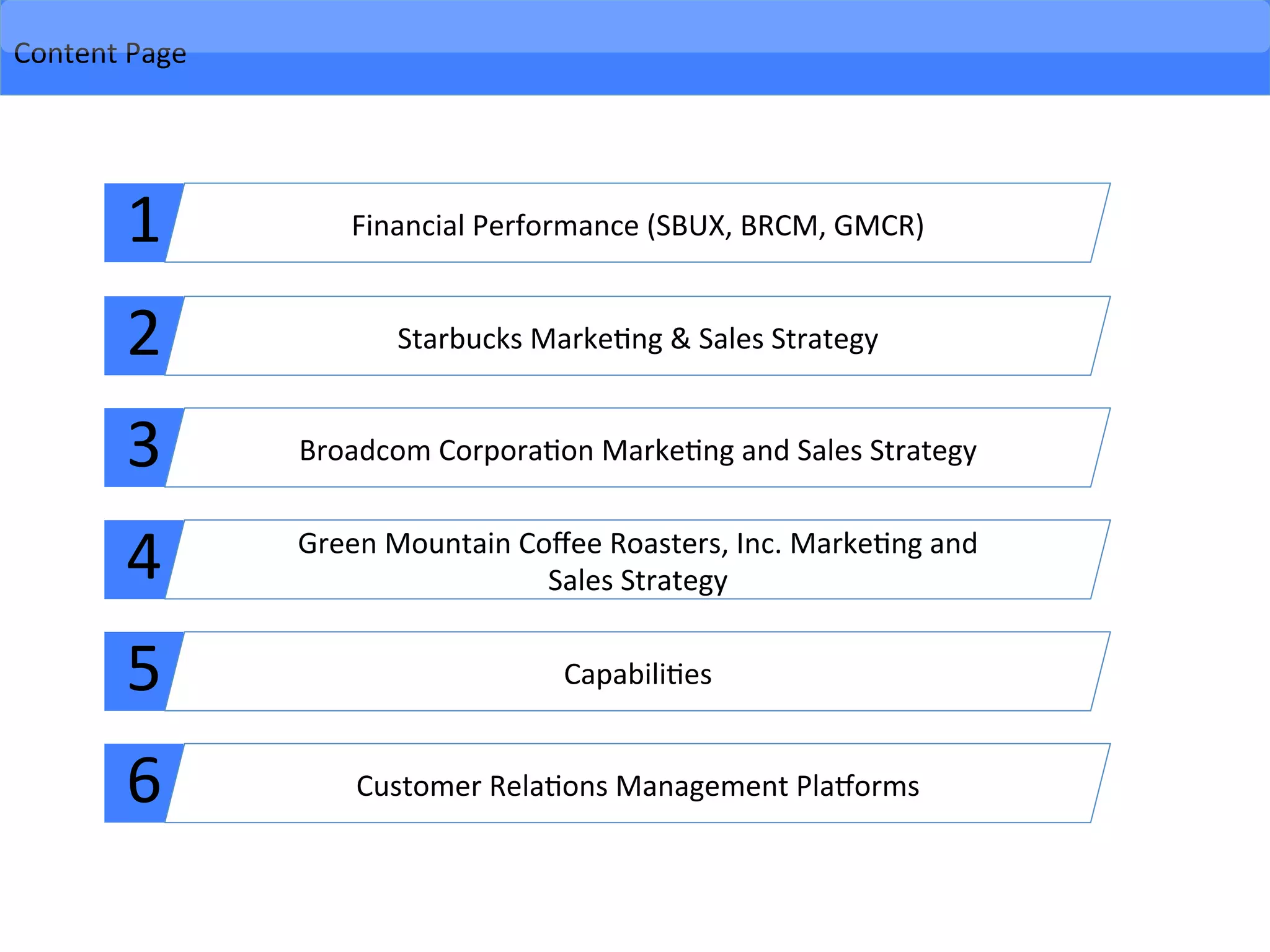 2	
   Starbucks	
  Marke-ng	
  &	
  Sales	
  Strategy	
  
3	
   Broadcom	
  Corpora-on	
  Marke-ng	
  and	
  Sales	
  Strategy	
  
4	
   Green	
  Mountain	
  Coﬀee	
  Roasters,	
  Inc.	
  Marke-ng	
  and	
  
Sales	
  Strategy	
  
5	
   Capabili-es	
  
6	
   Customer	
  Rela-ons	
  Management	
  PlaUorms	
  
	
  
Content	
  Page	
  
1	
   Financial	
  Performance	
  (SBUX,	
  BRCM,	
  GMCR)	
  
 