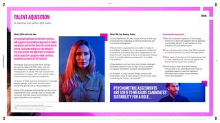 TALENTAQUISITION
AI identifies your perfect ESG match
SOCIAL
61
The Verge, The next frontier in hiring is AI-driven, January 2019.
62
Seek, Psychometric assessments – what to expect if you’re asked to complete one.
63
Ibid.
64
Forbes, Can AI Improve Your Job Search? It Already Has, July 2020.
SOCIAL
What 2030 will look like
Increasinglydigitisedrecruitmentsystems
willsupportapersonalisedapproachtotalent
acquisitionandfurtherdiversityandinclusion
efforts.ArtificialIntelligence(AI)willaidin
theassessmentandalignmentofemployer
andprospectivecandidatevaluesystems,
achievingsuccessful‘ESGmatches.’
AI-enabled quasi-personality tests will also
be used for detecting ESG risks, such as
the likelihood of inappropriate conduct or
misalignment of values. This will increase the
competition for talent, with both parties vying
to demonstrate their desired credentials.
However, AI ESG matching will lead to a ‘stranded
people agenda’, with lower socioeconomic
workers at greater risk of being neglected.
Whilst ESG pedigree and potential will be critical,
organisations must consider how to incorporate
humanity, diversity, equity and inclusion into
talent acquisition and retention.
Unanswered questions

Will the increased integration of technology
evolve into a black-listing/green-lighting approach
to employee vetting? Is past behaviour truly
indicative of future performance?

How will organisations tailor their ESG initiatives
to increase relevance to attract the best talent?

What types of disclosures will organisations have
to make regarding the metrics and algorithms
behind their AI recruitment systems?

What privacy, ethics and discrimination
factors need to be considered when filtering
candidates based on personal behavior?
Will these technologies trump reference
checks and feedback?
What We Are Seeing Today
Frrole DeepSense AI uses social profiles to infer key
characteristics regarding situational leadership and
emotional intelligence61
.
Psychometric assessments are used to measure
candidates’ suitability for a role based on intellectual
capabilities and personality traits. Organisations use
psychometric assessments as a standardised testing
tool to provide objective assessment of suitable
candidates62
.
Organisations such as Heinz and Unilever leverage
AI-based games as part of their hiring processes
to assess candidates’ problem-solving abilities63
.
In Sweden, a robot named Tengai conducts job
interviews using AI technology to remove bias while
remaining as ‘human’ as possible64
.
PSYCHOMETRICASSESMENTS
AREUSEDTOMEASURECANDIDATES’
SUITABILITYFORAROLE...
2
KPMG
2030
ESG
PREDICTIONS
REPORT
©2021 KPMG, an Australian partnership and a member firm of the KPMG global organisation of independent member firms affiliated with KPMG international limited, a private english company limited by guarantee. 
All rights reserved. The KPMG name and logo are trademarks used under license by the independent member firms of the KPMG global organisation. Liability limited by a scheme approved under professional standards legislation.
28
3
0
0
 