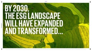 INTRODUCTION
BY2030,
THEESGLANDSCAPE
WILLHAVEEXPANDED
ANDTRANSFORMED...
2
KPMG
2030
ESG
PREDICTIONS
REPORT
©2021 KPMG, an Australian partnership and a member firm of the KPMG global organisation of independent member firms affiliated with KPMG international limited, a private english company limited by guarantee. 
All rights reserved. The KPMG name and logo are trademarks used under license by the independent member firms of the KPMG global organisation. Liability limited by a scheme approved under professional standards legislation.
7
3
0
0
 
